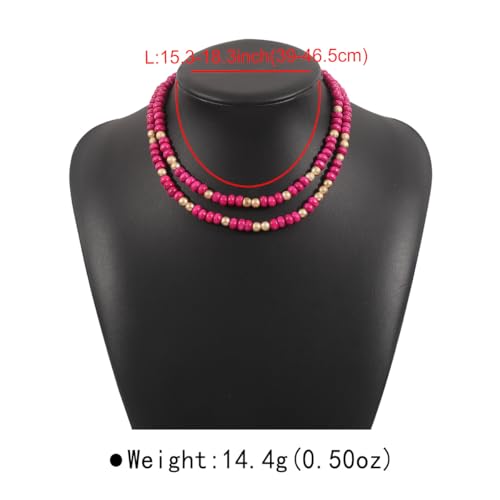 COLORFUL BLING Layered Boho Wood Beaded Choker Necklace Vintage Natural Wooden Bead Collar Necklace for Women Handmade Tribal Bohemian Jewelry - color: Rose