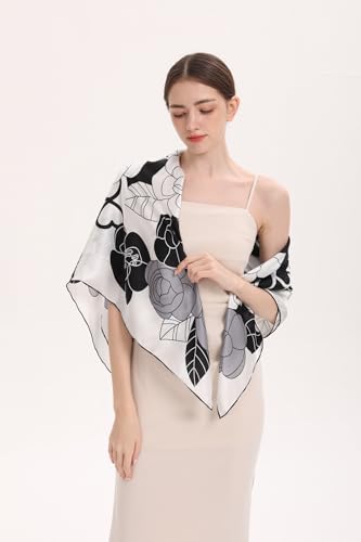100% Pure Mulberry Silk Scarf 43”*43” Large Square Lightweight Headscarf Women’s Hair Wraps Shawls with Gift Packed - color: Black White Gray Roses