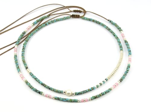 Beaded Choker Necklace for women and Teen Girls, Boho Bohemian Adjustable Colorful Seed Beads Necklace, Handmade Native American Style Jewelry by TRIBES - color: Turquoise & Pink, style: Set of 2 Necklaces