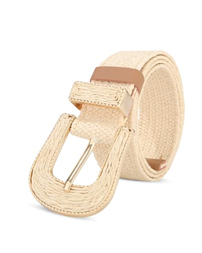 AWAYTR Womens Boho Woven Belt - Easy Care Plastic Elastic Belt with Handmade Raffia Buckle for Daily Vacation Work - color: Beige, size: Fit Waist 36''-41''