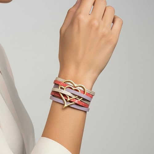 Edoneery Leather Wrap Bracelet for Women, Boho Handmade Multi-Layer Cuff with Crystal Beads Heart, Stackable Bangle Western Jewelry Gift - style: Heart(Colorful)
