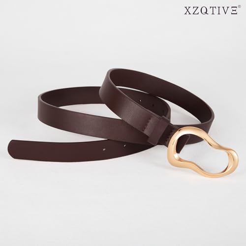XZQTIVE Leather Belts for Women Casual Fashion Waist Belt for Jeans Pants Dresses with Unique Liquid Shapes Gold Buckle - color: Coffee, size: Fit Waist 36-43in