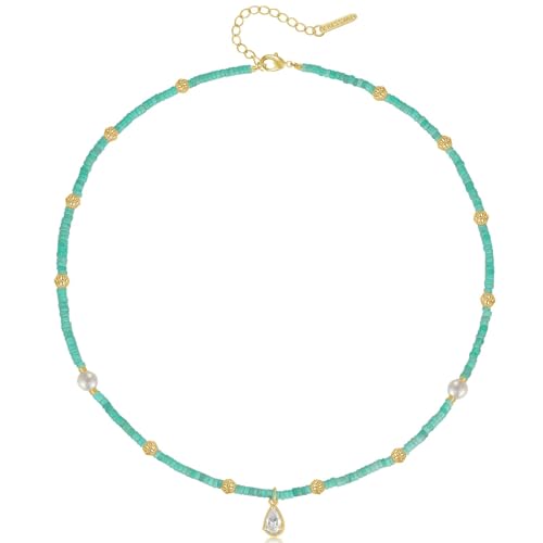 KissYan Beaded Choker Necklace for Women, Colorful Natural Gemstones Pearl Choker 14K Gold Plated Pendant Healing Crystal Necklace Handmade Stone Jewelry Gift - color: K-Turquoise Green