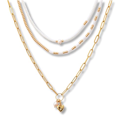 Beaded Choker Necklace for women and Teen Girls, Boho Bohemian Adjustable Colorful Seed Beads Necklace, Handmade Native American Style Jewelry by TRIBES - color: White & Gold, style: Set of 3 Necklaces