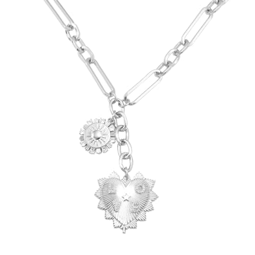 ORIGENCE Sun Heart Necklace for Women 18K Gold Plated Heart Pendant Necklace Chunky Chain Choker Necklaces Hip Hop Charm Necklaces Trendy Unisex Jewelry - style: HCharm-Silver