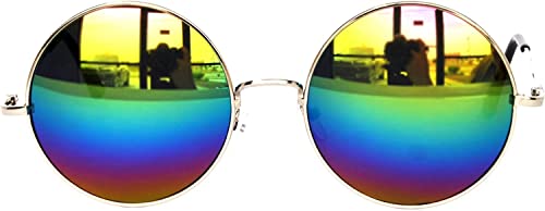 OWL Round Retro Small Circle Tint & Mirror Colored Lens 43-55 mm Sunglasses Metal - color: 56mm Silver / Multicolor Mirror
