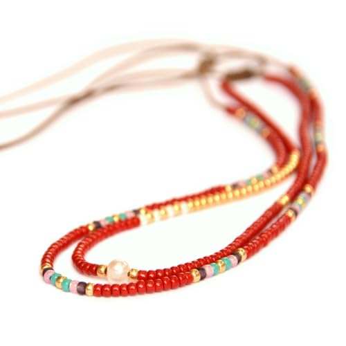 Beaded Choker Necklace for women and Teen Girls, Boho Bohemian Adjustable Colorful Seed Beads Necklace, Handmade Native American Style Jewelry by TRIBES - color: Burgundy Multicolor, style: Set of 2 Necklaces