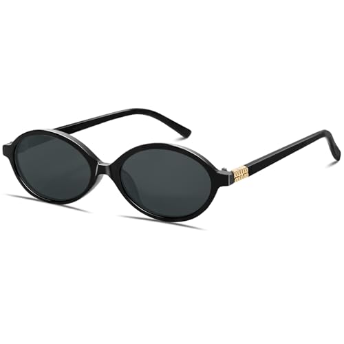 BOTEN Retro Oval Sunglasses for Women Men Small 90s Sun Glasses Trendy Round Shades Cute Designer Sunnies - color: Black Frame - Grey Lens