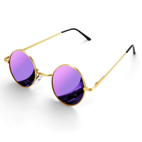 Morcheiong Polarized Hippie Sunglasses Retro Round Glasses for Women Men Vintage Circle Sunglasses UV400 - color: Gold Frame Purple Film
