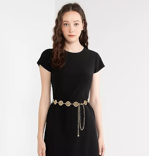 Trendy Women's O-Ring Adjustable Waist Chain - Fashion Accessory for Jeans and Dresses - color: Gold circles, size: L: 53.1 in