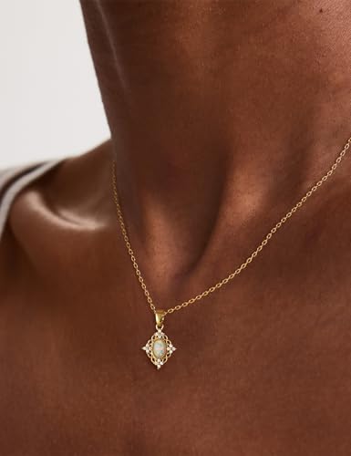 Opal Pendant Necklace for Women - Dainty 14k Gold Plated Jewelry Necklaces, Perfect Valentine's Day/Mother's Day Gift for Her, Mom, Girlfriend, Daughter - color: Vintage Clover Opal-GD