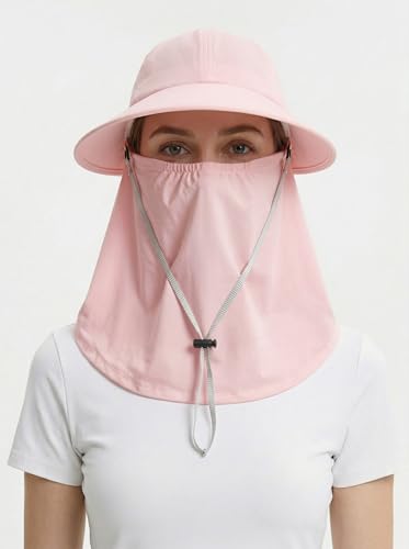 Outdoor Wide Brim Sun Hat Visor for Women, Detachable Face & Neck Cover, Hiking Gardening UPF 50+, Ponytail Friendly - color: Pink
