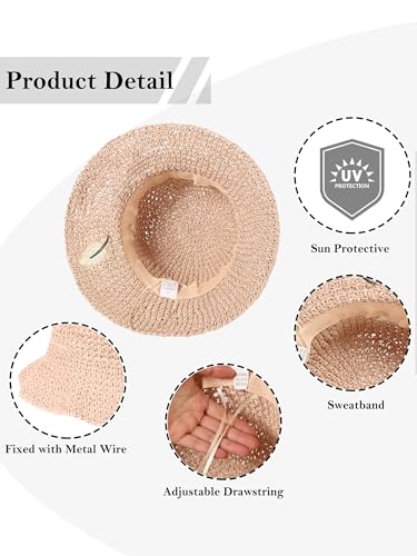 LA CARRIE Womens Sun Hat Floppy Packable Wide Brim UV Protection UPF 50+ Straw Hat with Embroidery for Summer Beach - color: Pink