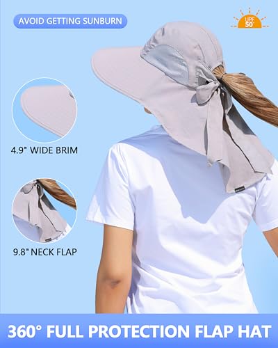 Womens Sun Hat Outdoor UV Protection Wide Brim Fishing Hat with Ponytail Hole Neck Flap for Beach Hiking Camping - color: Sun Hat-light Gray
