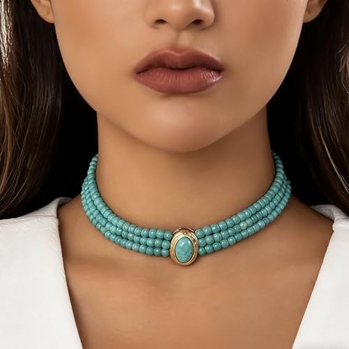 SukAmi Turquoise Choker Necklace Women 3 Layers Necklace Multi Strands Necklace 20s Turquoise Bib Pendant Necklace Choker Party Jewelry Christmas Gift 35+7cm