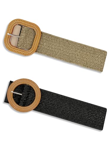 2/4 Pack Straw Woven Elastic Stretchy Waist Belts for Women, Fashion Boho Waist Belt Rattan Raffia Ladies Belts - color: Pattern3, size: Medium