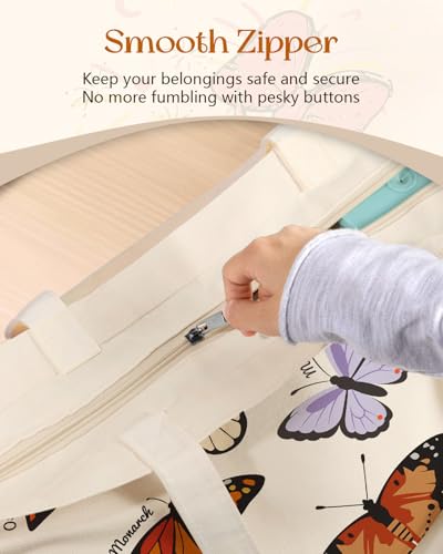 Miss Adola Canvas Tote Bag with Zipper – Cute Canvas Bags for Women Aesthetic Design Reusable Totes for Shopping Work Travel - style: Colorful Butterfly