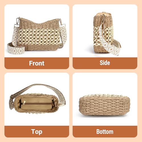 Herald Small Summer Crossbody Bags for Women, Beach Handmade Straw Woven Pocketbooks Handbag Shoulder Purse - color: Coffee With Gold Thread