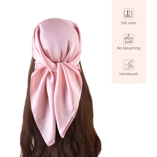 27.5 Inches Silk Head Scarf for Women Satin Hair Scarf Silk Wrap Neck Square Scarves Feeling Scarf Boho Headwear - color: Pure Pink