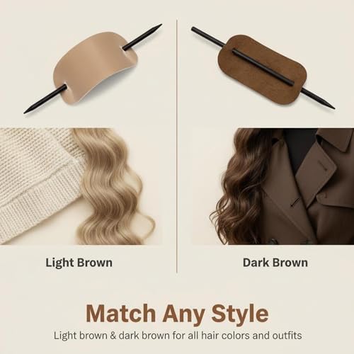 Leather Hair Barrette with Stick, 2 Pack Cream and Brown Faux Leather Ponytail Holder, 3.9 x 2 In Hair Clip with Stick for Buns Updos and Long Hair, Leather Hair Accessories for Women
