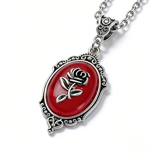 Gothic Vintage Gem Pendant Necklace | Victorian Style Filigree Silver-Tone Jewelry | Ideal Gift for Party Cosplay & Daily Wear - color: Red Rose