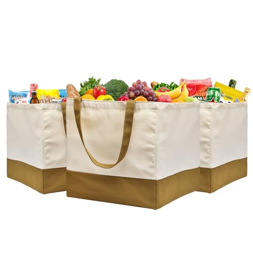 3 Pack Canvas Reusable Grocery Bags Heavy Duty, 8.3 gal Foldable Large Tote Bag with Handles, Holds 60 lbs Canvas Shopping Bags & Washable Eco-friendly Bags with 5 Pockets, camel+Off white - color: [A1] Off White / Brown, size: 3 Pack