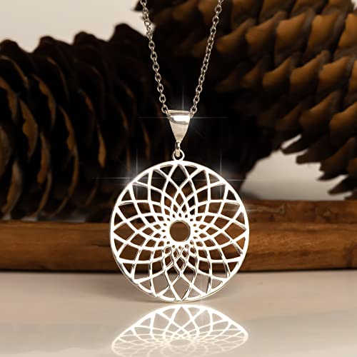 Mandala Necklace Sterling Silver 925 - Sacred Geometry Circle Pendant with 19.7" Chain - Spiritual Esoteric Amulet - Boho Hippie Yoga Jewelry for Women Girls - Handmade - style: Lotus