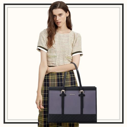 LOVEVOOK Laptop Bag for Women, 15.6 inch Canvas Tote, Large Capacity Work Bag with Clutch Purse, Computer Office Business Briefcase, Casual Handbag for Travel, College, Teacher, School - color: Grey, size: 15.6 inch