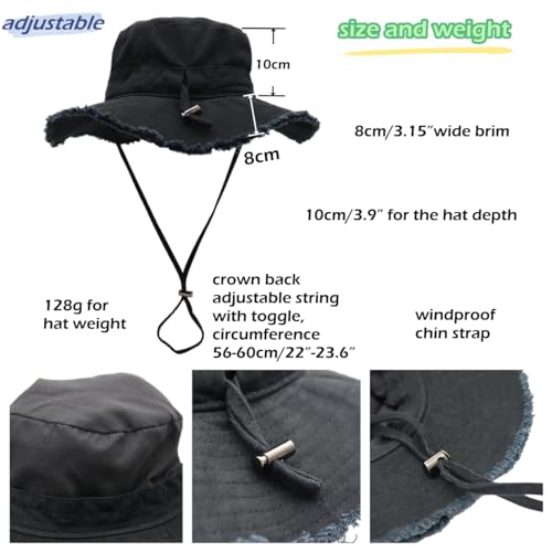 LLmoway Womens UPF50+ Cotton Wide Brim Sun Hat with Strap Ladies Summer Floppy Hats Packable Women Washed Fringes Bucket Hat - color: Black