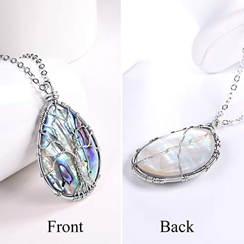 FOCALOOK Stainless Steel Wire Wrapped Tree of Life Abalone Necklaces Handmade Costume Jewelry Long Necklaces for Women (Send Gift Box) - style: 01.Tear Drop Shaped-Silver