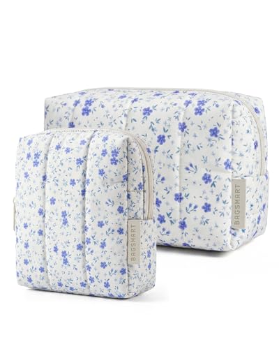 BAGSMART Makeup Bag Duo Set, Puffy Padded Travel Cosmetic Organizer with Slip-in Pockets, Large Toiletry Bag & Small Purse Pouch, Travel Essentials for Women, Blue Ditsy Floral - color: 18-Blue Ditsy Floral