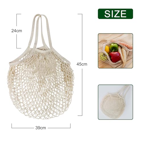 2-Pack Reusable Mesh Grocery Bags, 100% Cotton String, Long Handle Produce Bags, Fruit & Veggie Storage - color: Beige+blue-gray