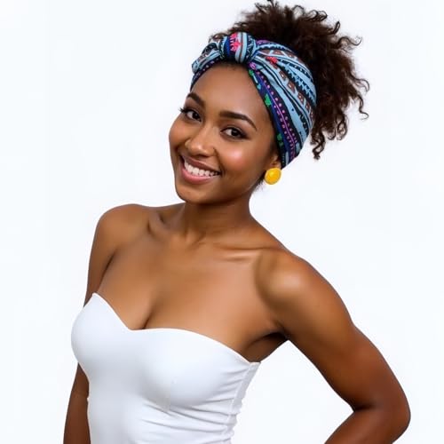 1 Pack Boho Headbands Stretch Paisley Print Bandana Headband Criss Cross Hair Bands Knotted Head Wrap Yoga Daily for Women and Girls (Blue Geometric) - color: Blue Geometric