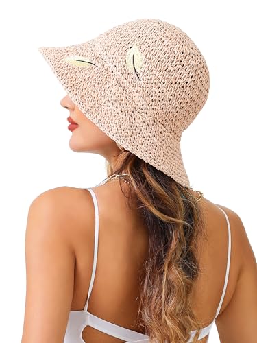 LA CARRIE Womens Sun Hat Floppy Packable Wide Brim UV Protection UPF 50+ Straw Hat with Embroidery for Summer Beach - color: Pink