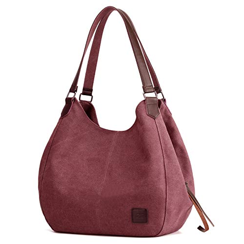 DOURR Women's Multi-pocket Shoulder Bag Fashion Cotton Canvas Handbag Tote Purse - color: Purple Coffee - Large Size