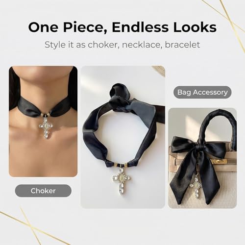 Scarf Necklace for Women Choker Necklace Cross Pendant Trendy Vintage Handmade Charm Jewelry Gift Leopard Silk Bandana Western Bohemian - color: Black