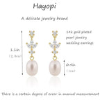 Hayopi Pearl Earrings for Women - Dainty Gold Dangle Drop Earrings, 14k Gold Plated Cute Bow Design, Hypoallergenic Pearl Studs, Wedding Jewelry Gifts - color: GOLD-Long 3 leaf earrings
