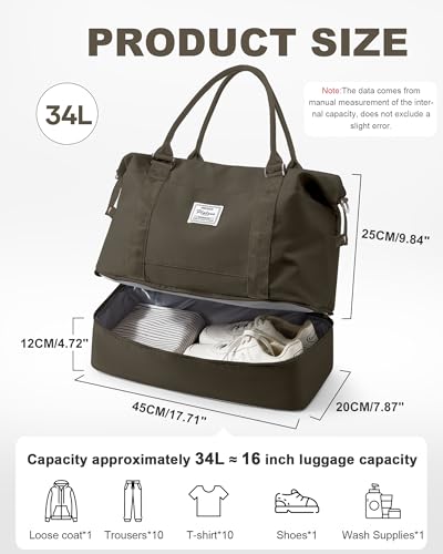 Spirit Travel Duffel - 18x14x8 Inches Weekender Overnight Bag with Shoes Compartment, Trolley Sleeve, Carry On for Airplanes, Sport Tote Gym Bag - Dark Brown - color: H12-DarkBrown, size: Large