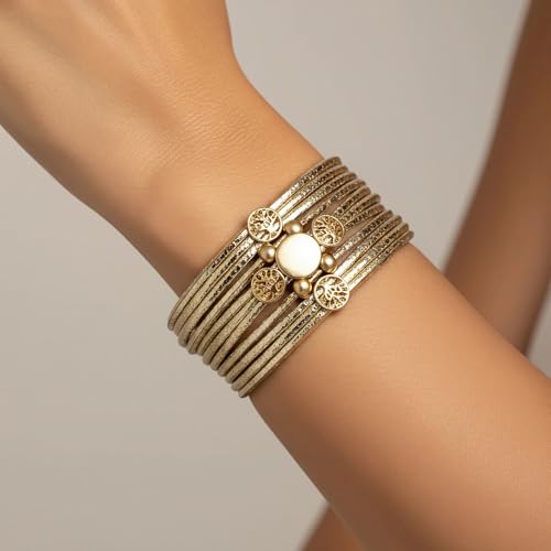 Edoneery Leather Wrap Bracelet for Women, Boho Handmade Multi-Layer Cuff with Crystal Beads Heart, Stackable Bangle Western Jewelry Gift - style: Circle(Gold)