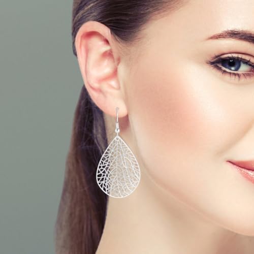 Teardrop Earrings for Women, 14K Plated Dangle Earrings Handmade Filigree Teardrop Dangling Earrings Ginkgo Hypoallergenic 925 Sterling Leaf Earrings for women - color: Silver