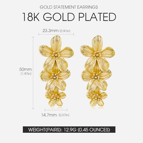 Gold Statement Earrings For Women 18K Gold Plated Sectored Flower Leaf Shell Angel Wing Earring Large Stud Earrings Hypoallergenic Stud - color: Long flower earrings