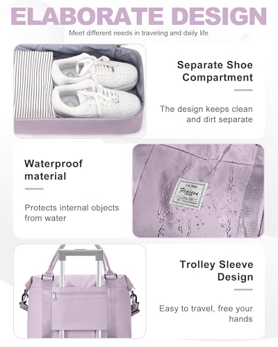 Travel Duffel Bag, 18x14x8 Inches Travel Bag Spirit with Shoes Compartment, Weekender Overnight Bag for Women with Trolley Sleeve, Carry On Bag for Airplanes Sport Tote Gym Bag Purple - color: H5-Purple, size: Large