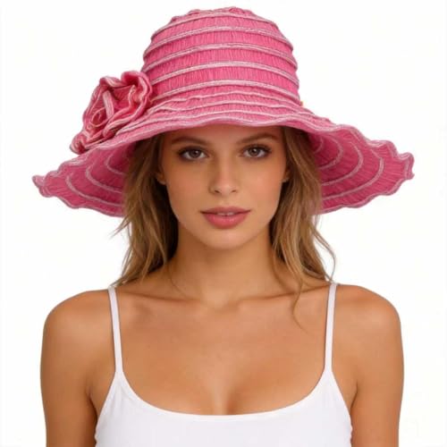 FORBUSITE Women Folding Vintage Outdoor Sun Hats for Beach Garden Travelling UV Protection - color: Gs013-rose