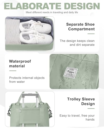 Spirit Travel Duffel - 18x14x8 Inches Weekender Overnight Bag with Shoes Compartment, Trolley Sleeve, Carry On for Airplanes, Sport Tote Gym Bag in BeigeGreen - color: H11-BeigeGreen, size: Large