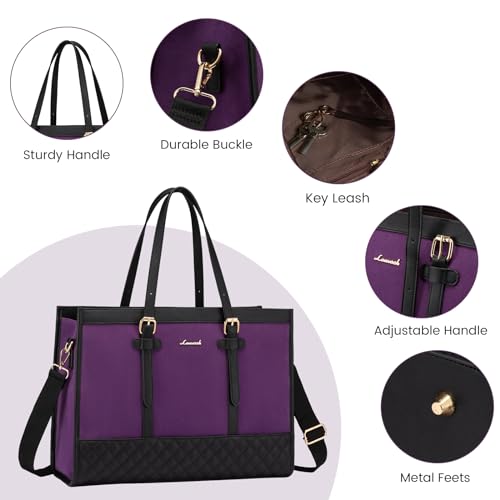 LOVEVOOK Laptop Bag for Women 15.6 inch Canvas Laptop Tote Bag, Large Capacity Work Bag with Clutch Purse, Computer Bag Office Business Briefcase, Casual Handbag for Travel College Teacher School - color: Black & Purple, size: 15.6 inch