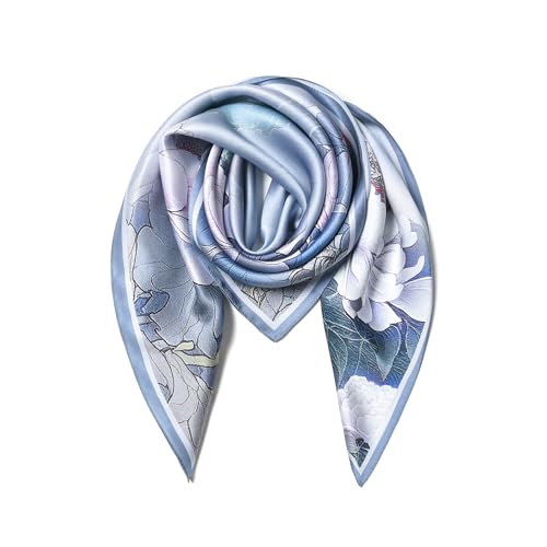 SHIROUYU 100% Pure Mulberry Silk Scarf 35" Large Square Lightweight Headscarf –Women’s Hair Wraps The shawl-With Gift Packed - color: Blue-peony