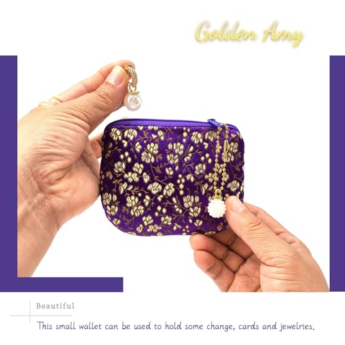 Handmade Women Coin Purse Rosary Pouch Silk Jewelry Bag Brocade Zipper Wallet - Purple - color: Purple
