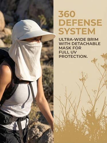 Outdoor Wide Brim Sun Hat Visor for Women, Detachable Face & Neck Cover, Hiking Gardening UPF 50+, Ponytail Friendly - color: Beige