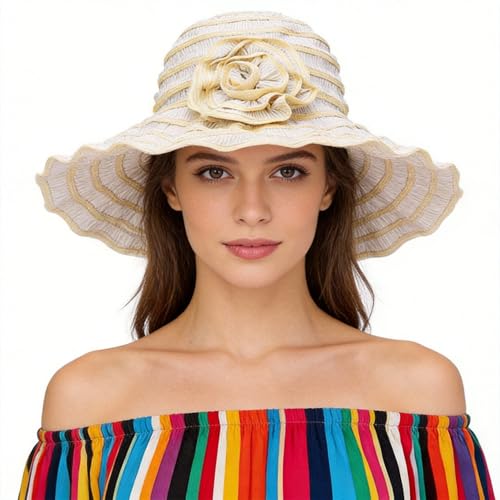 FORBUSITE Women Folding Vintage Outdoor Sun Hats for Beach Garden Travelling UV Protection - color: Gs013-beige