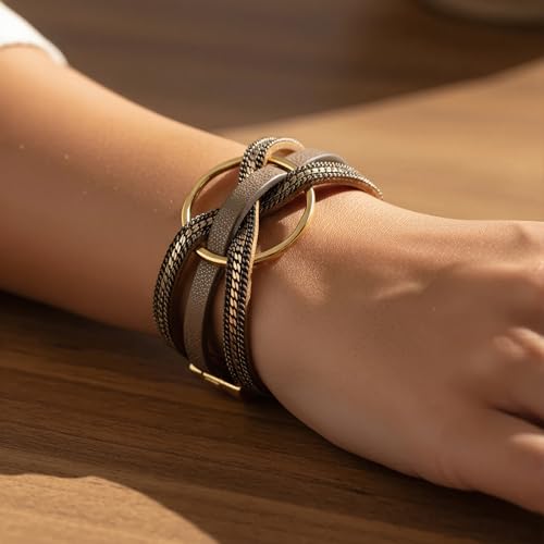 Edoneery Leather Wrap Bracelet for Women, Boho Handmade Multi-Layer Cuff with Crystal Beads Heart, Stackable Bangle Western Jewelry Gift - style: Circle(Brown)